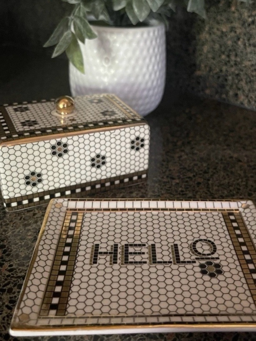 Anthropologie bistro butter dish White and Gold 'HELLO' Mosaic